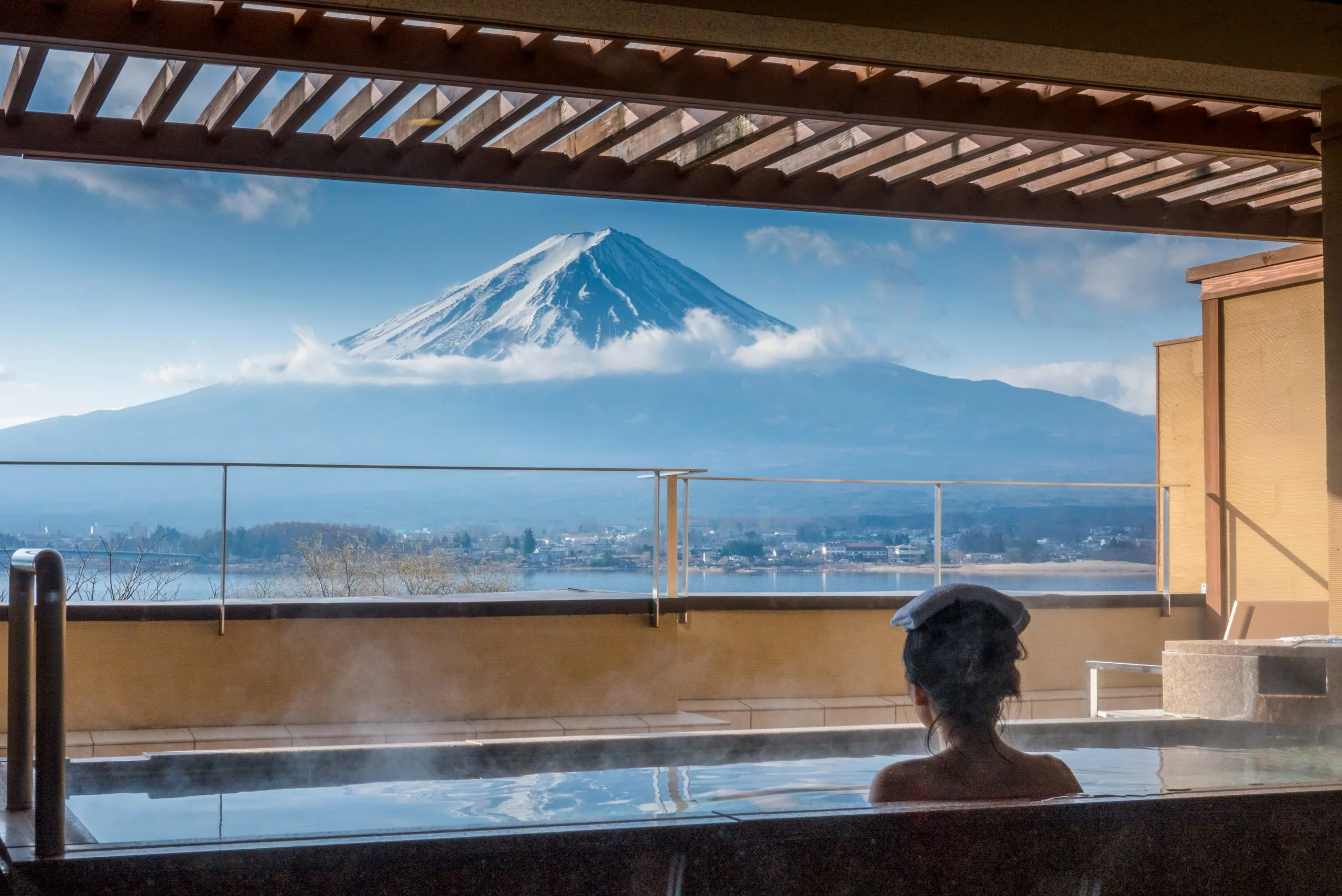 Open-air onsen with snowy Mt. Fuji