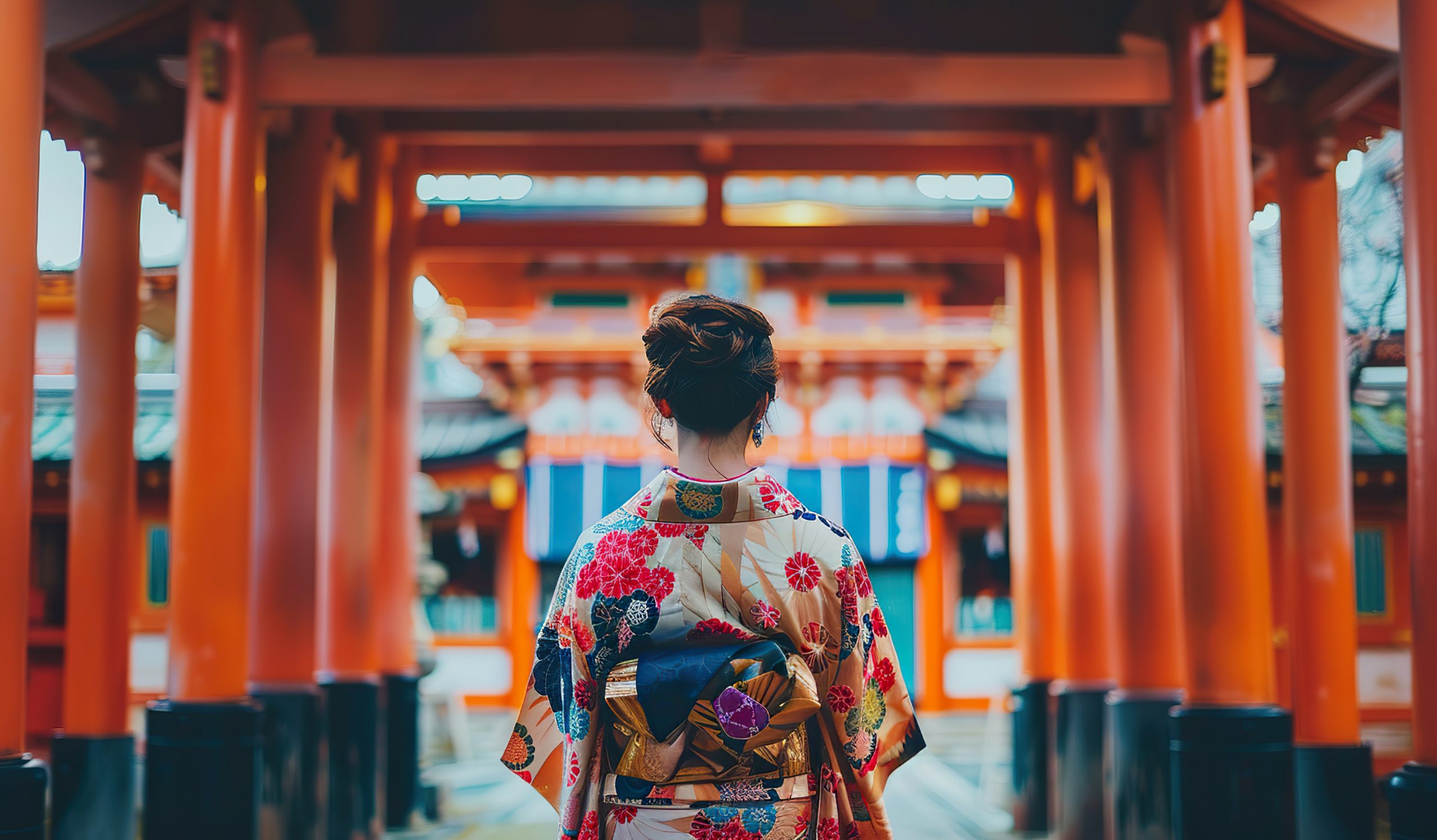 Japanese woman in traditional kimono at a shrine